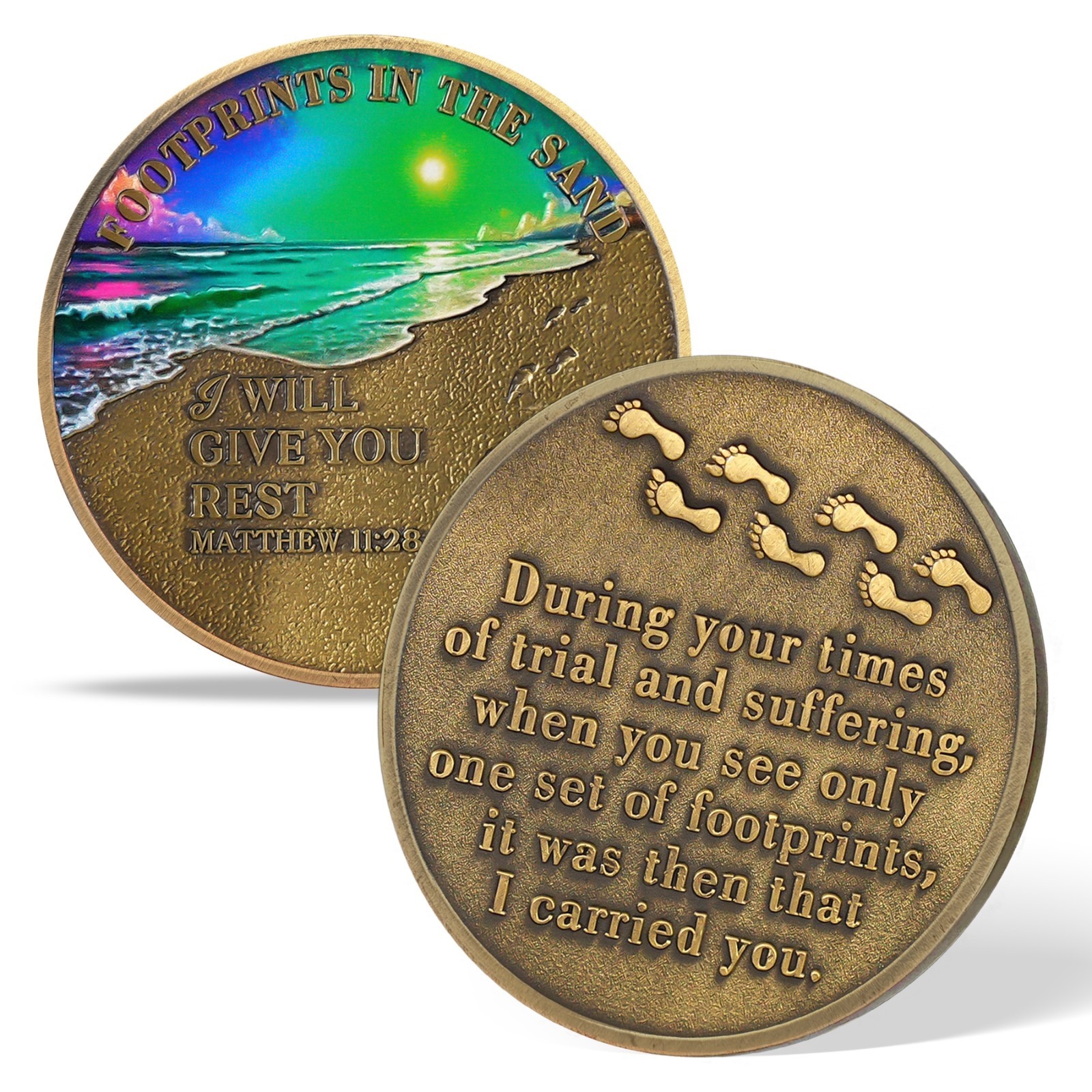 5pcs Inspirational Christian Coin Footprint In The Sand Matthew 11:28 Verse Coin