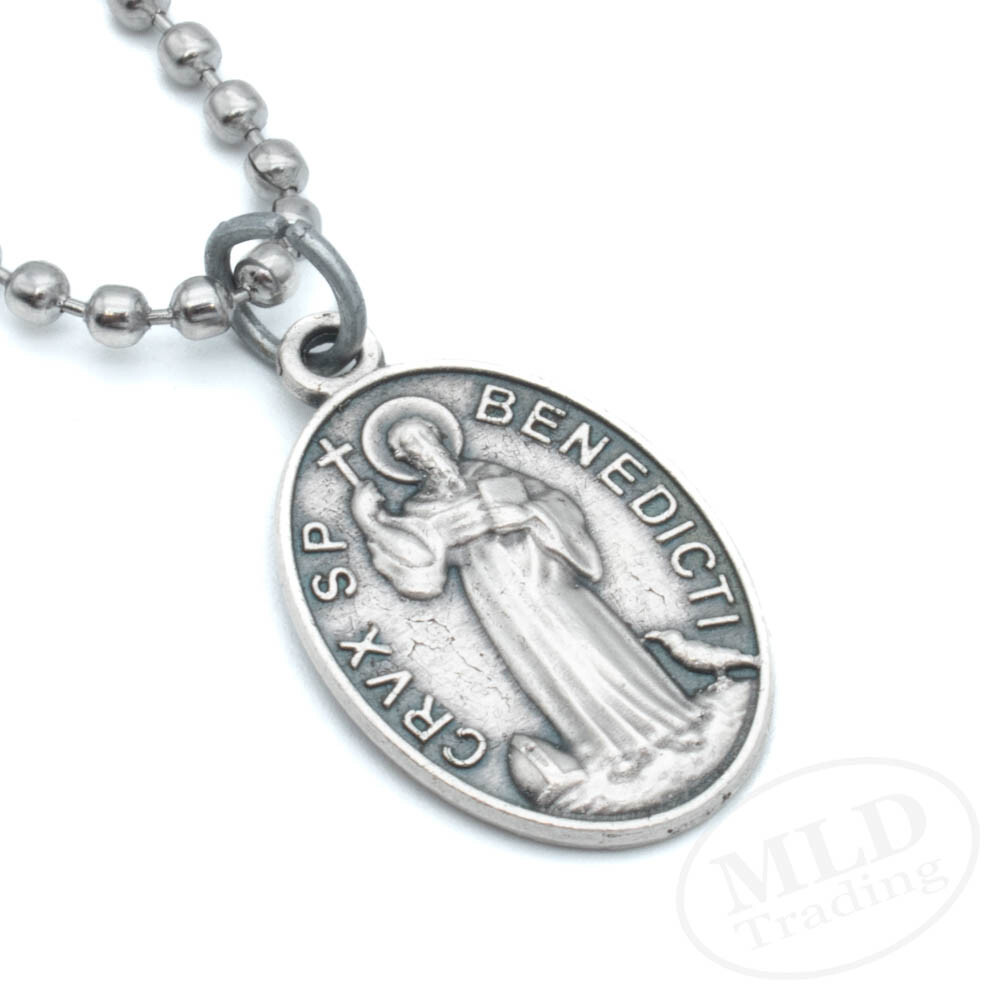 Italian Saint Benedict Medal Pendant Necklace – Silver Zinc Alloy, 24″ Chain