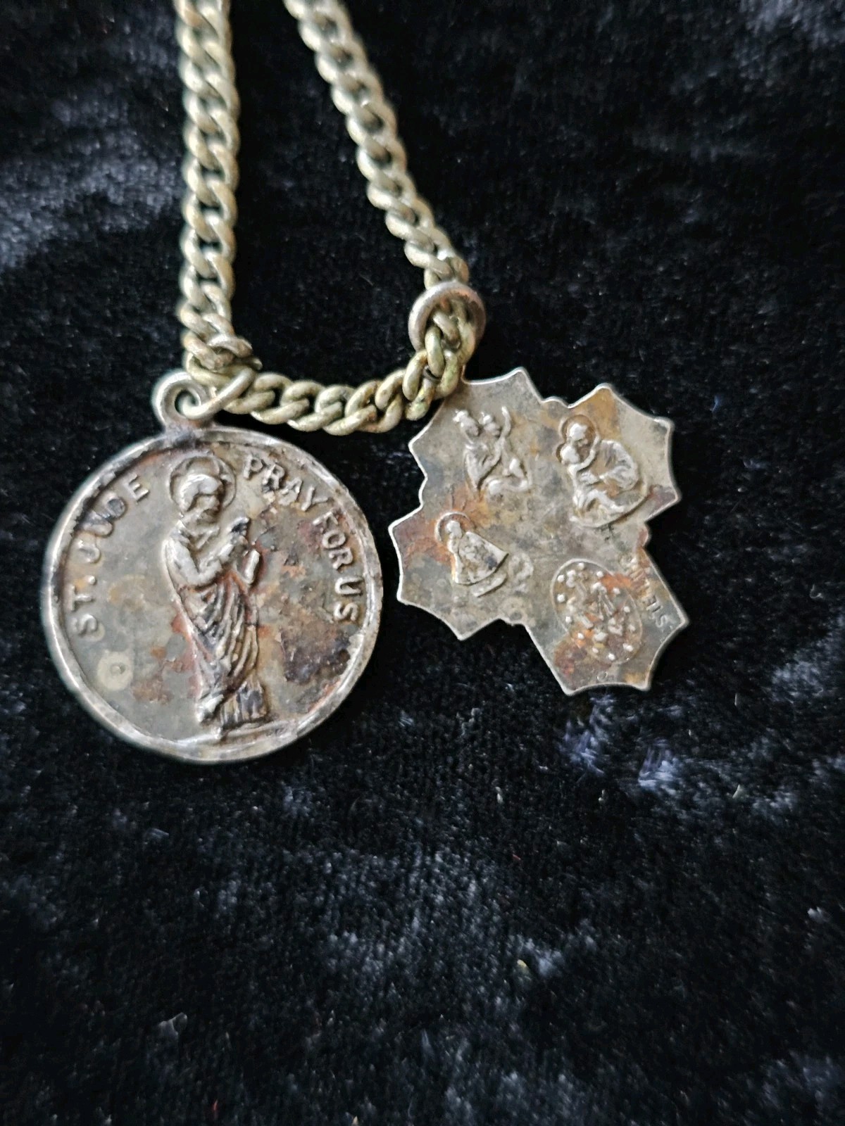 Vtg Sterling Silver .925 Catholic 4Way Protection Cross Pendant St Jude On Chain