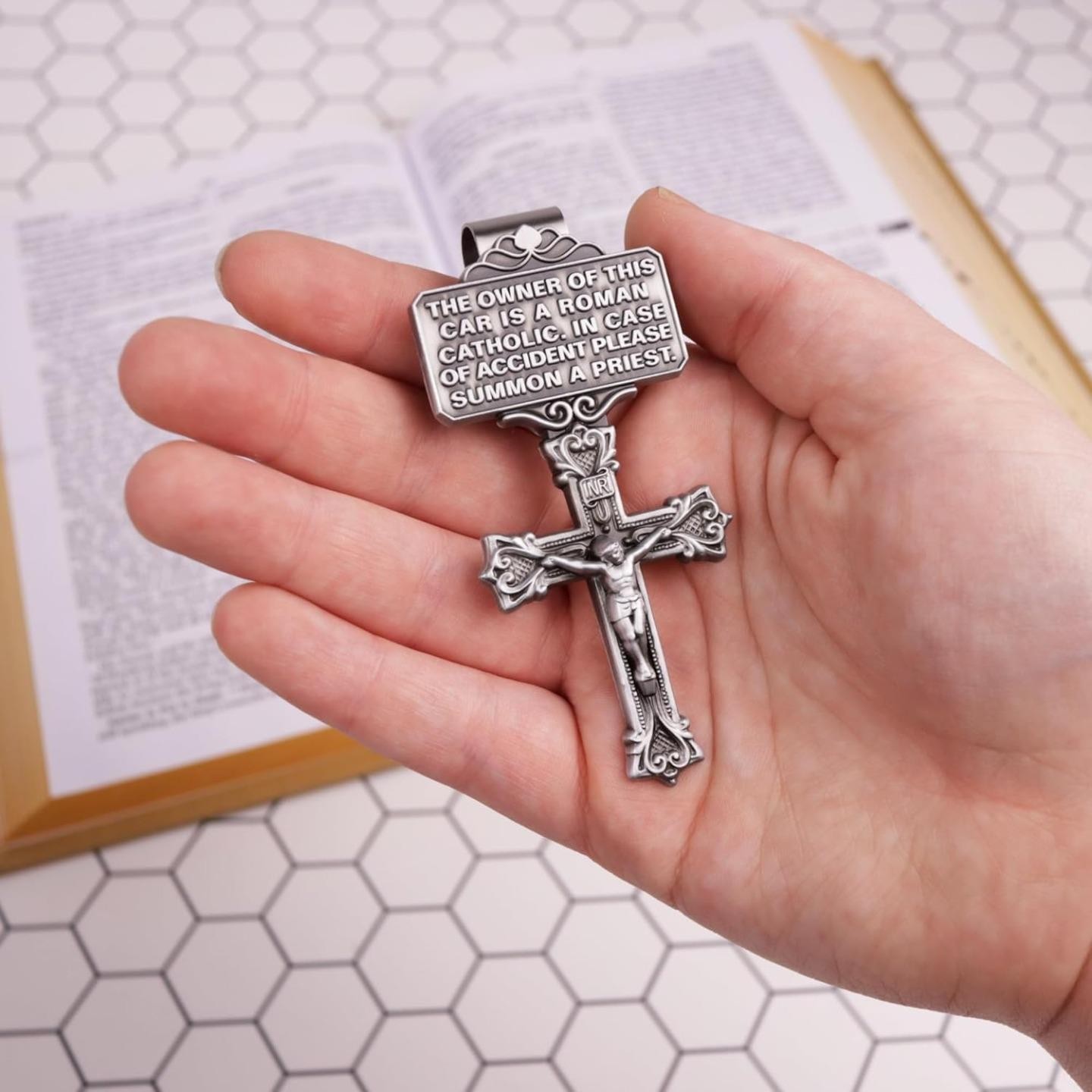 Needzo Catholic Visor Clip with Crucifix & Priest Message, 3 x 1.5 in Car Gift