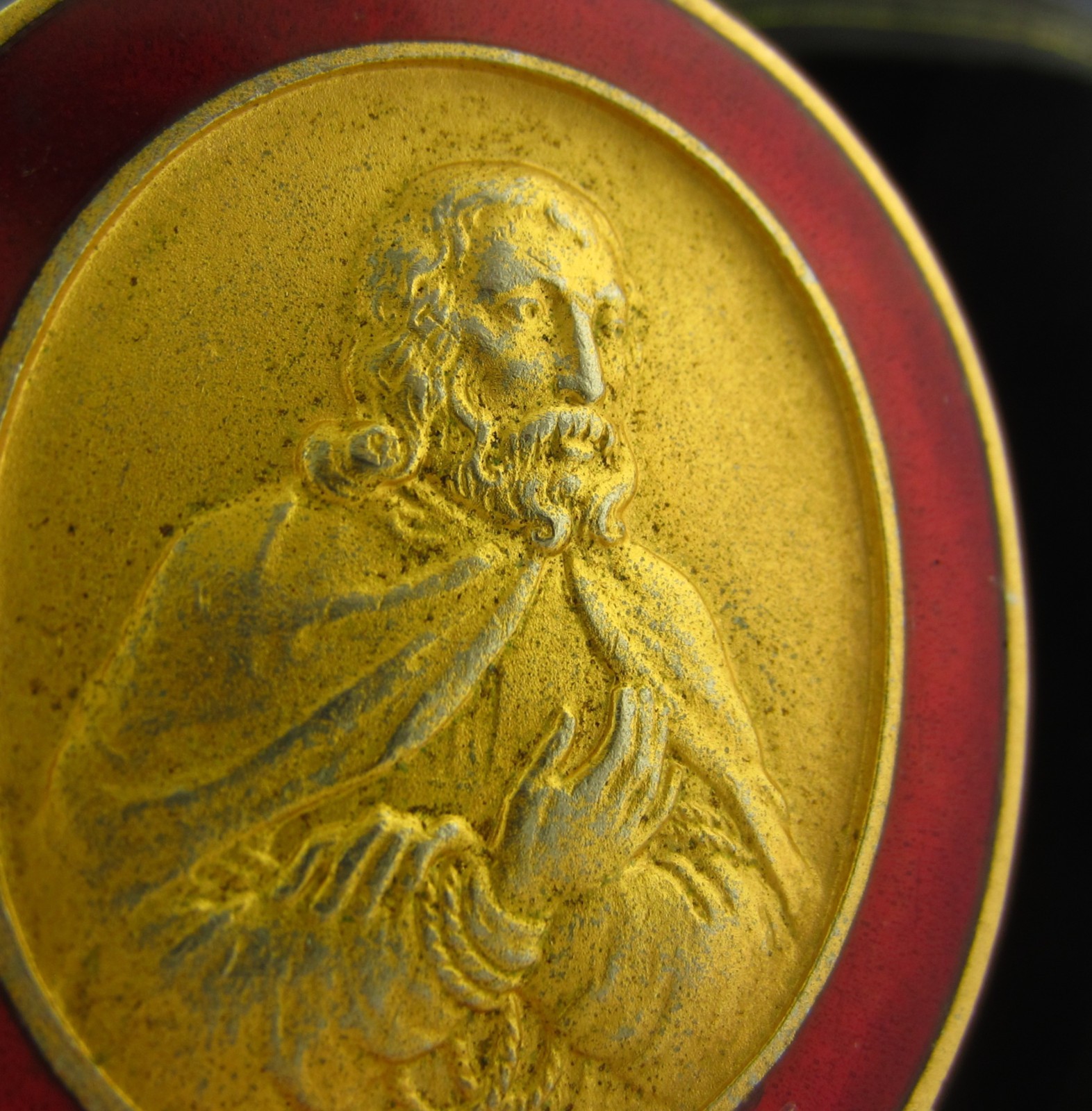 Vintage Saint Medal Gold Tone Red Enamel Religious Holy Catholic XL Large