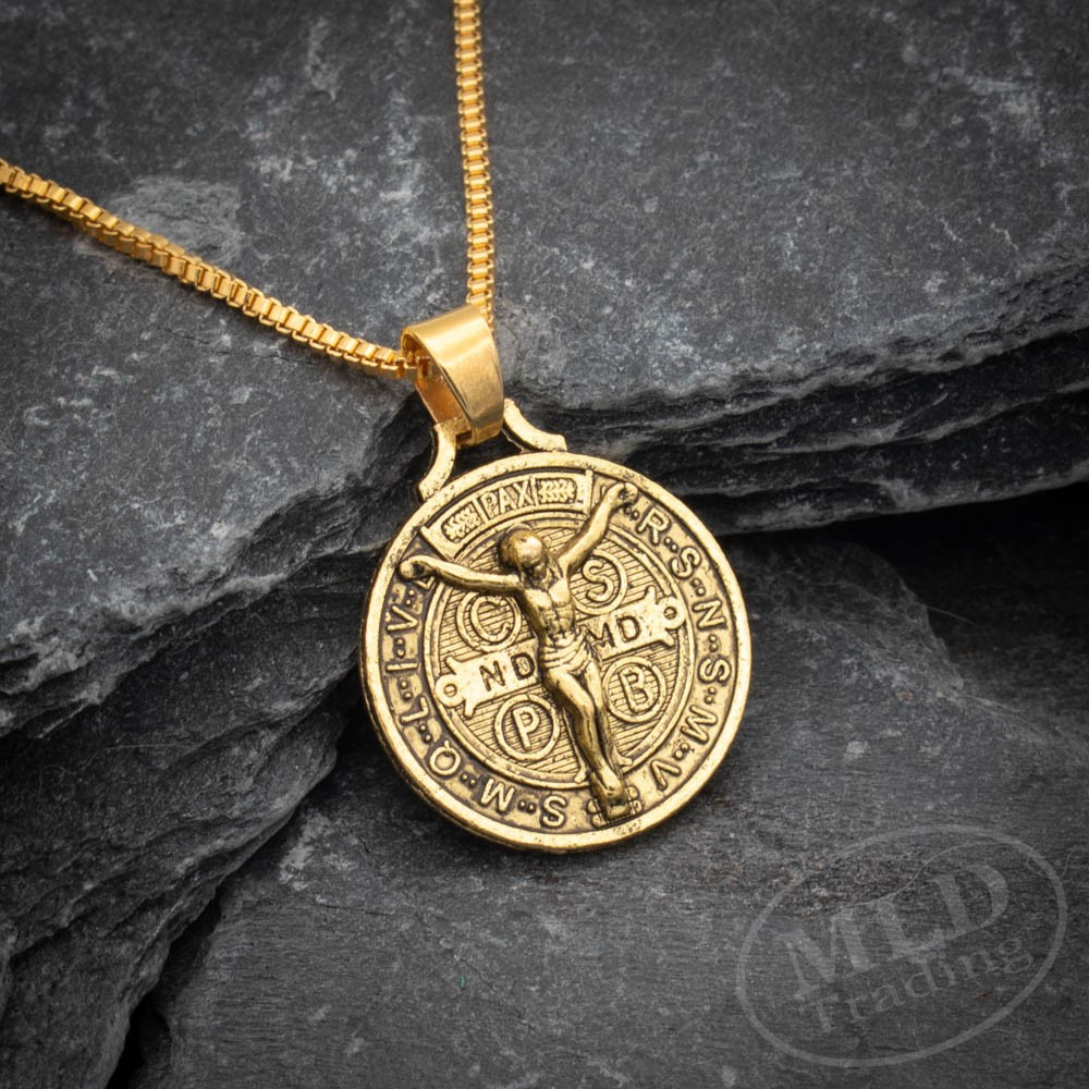 Gold Jesus Crucifix Saint St Benedict Medal Cross Pendant Necklace 24″ Box Chain