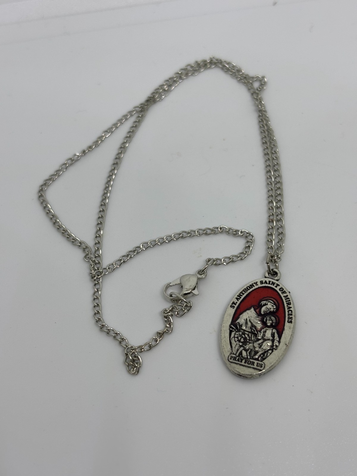 Vintage Catholic Red Enamel St Anthony Medal Pendant Pray For Us Necklace 20″