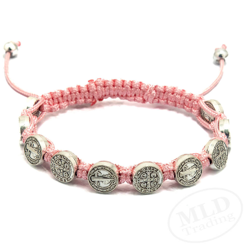 Pink Macrame Saint St Benedict Medal Cord Bracelet – Adjustable, 10 Medals