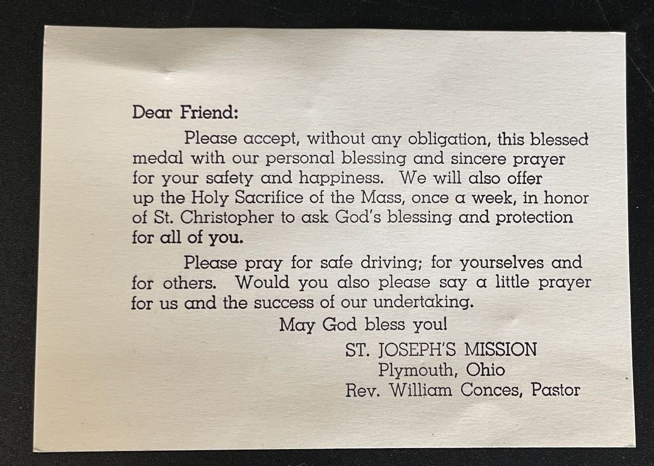 Vintage St. Christopher Medal w/ 1950s St. Joseph’s Mission Letter & Envelope