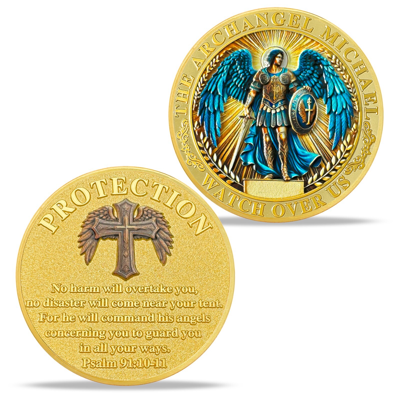 10pcs St Michael Archangel Prayer Coin Shield of Faith Psalm 91:10-11 Verse Coin