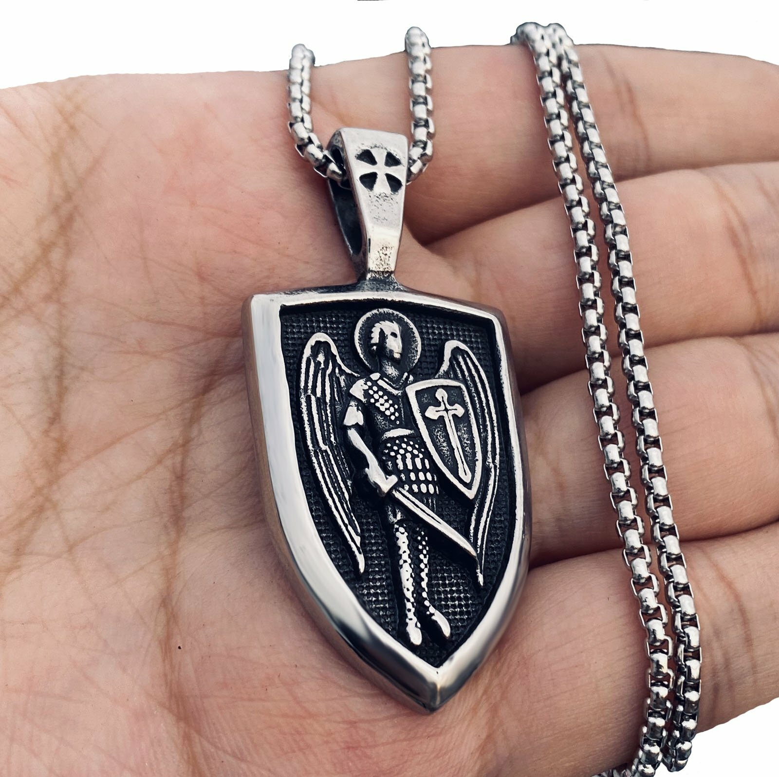 MENDEL Mens Archangel St Saint Michael Medal Pendant Necklace Stainless Steel