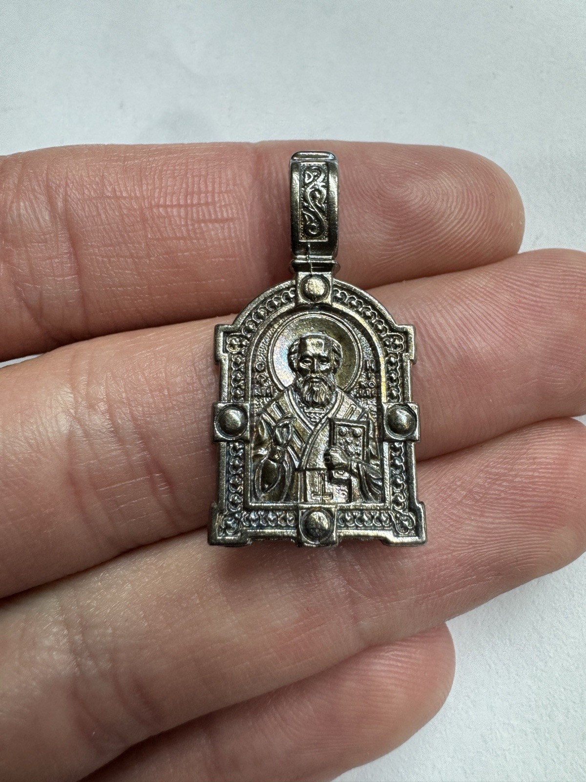 Orthodox Saint Nicholas Medal Silver 925 Christian Amulet Prayer Pendant 5.1g