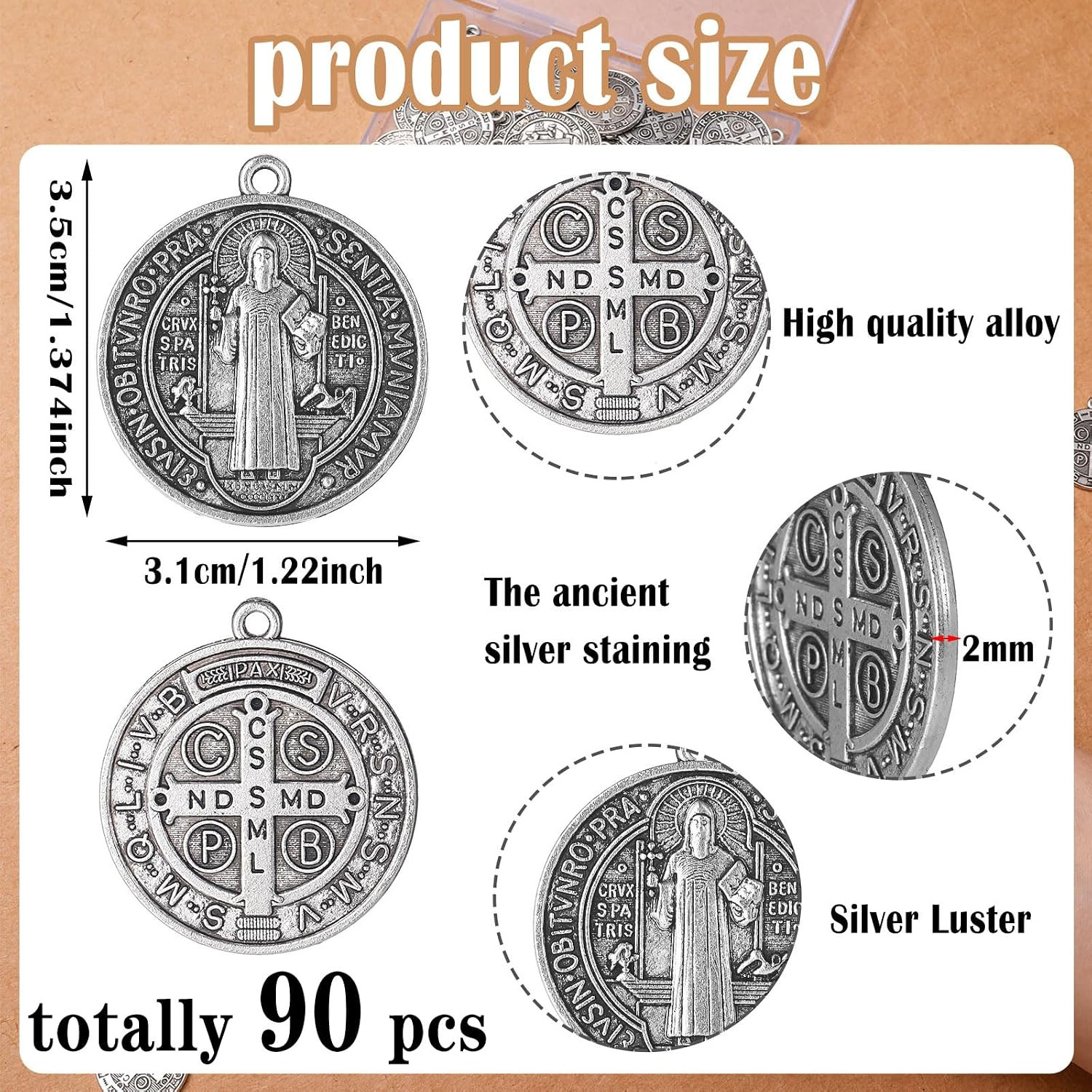 St Benedict Medals 1.38 x 1.22 Inch Metal Saint Pendant Silver Toned Saint Bened