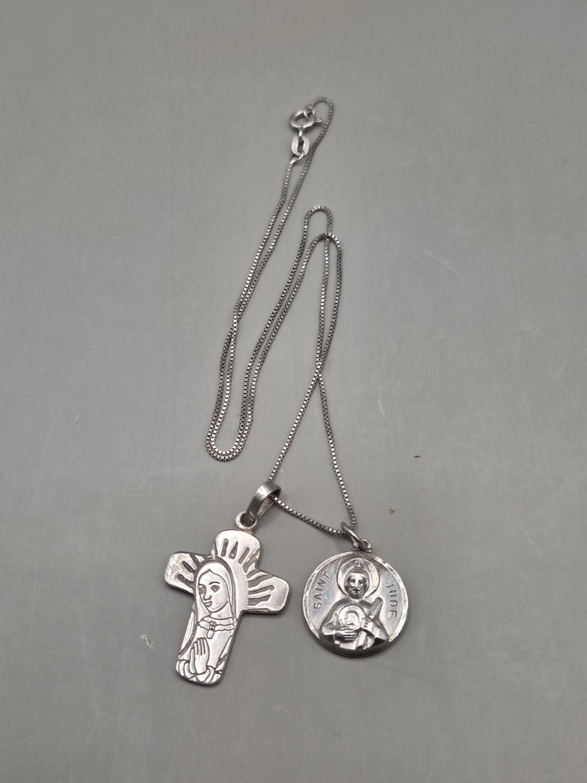 925 Sterling Silver Virgin Mary Cross & St Jude Medal Pendant Necklace…