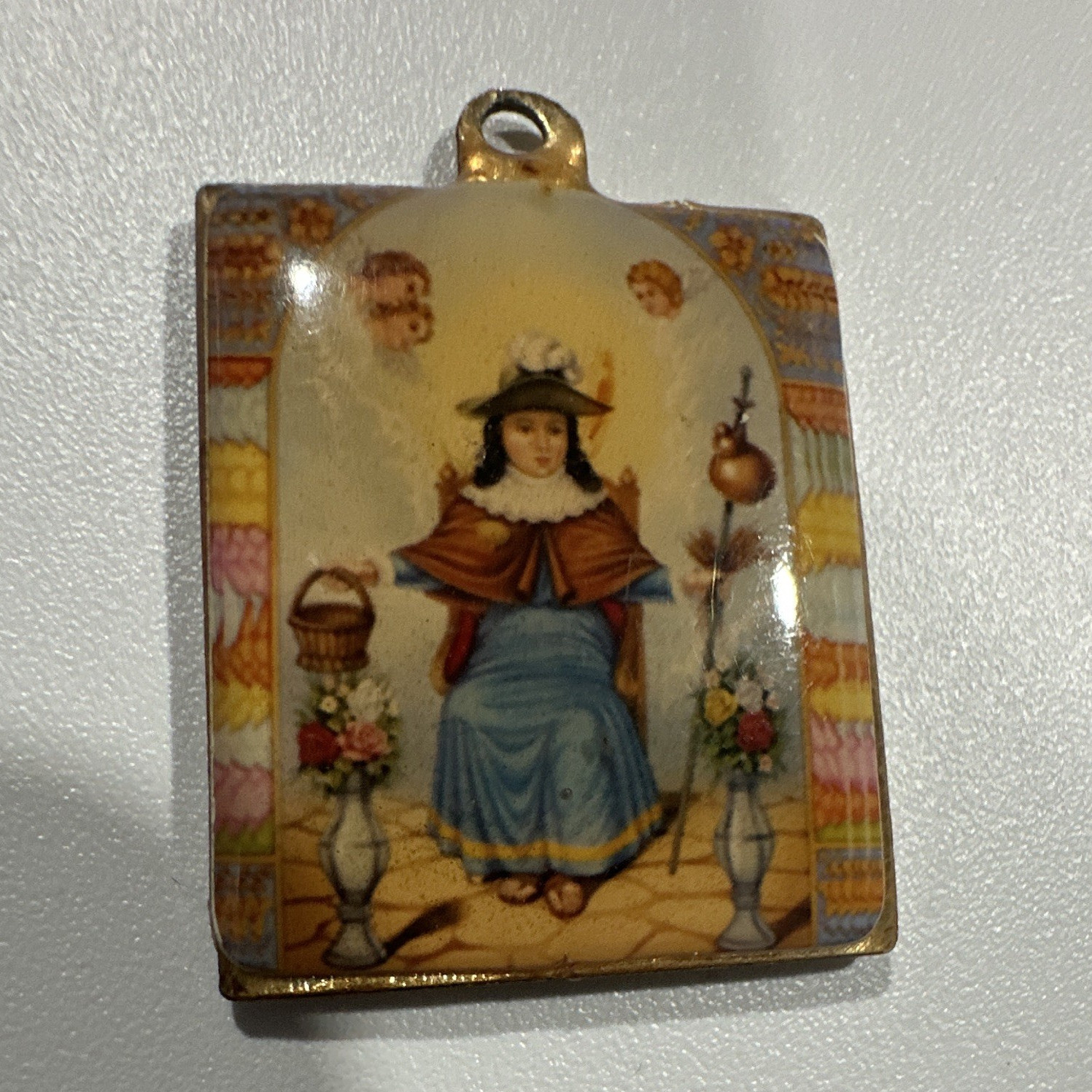 Rectangular Christian Medal Pendant w/ Loop Bail Our Lady of Guadalupe & Saint