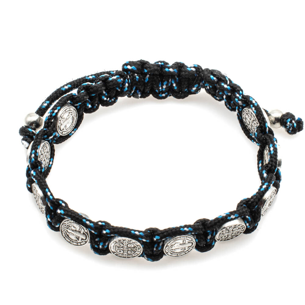 Black And Blue Saint St Benedict Bracelet 8″ Adjustable Cord 10 Silver Medals