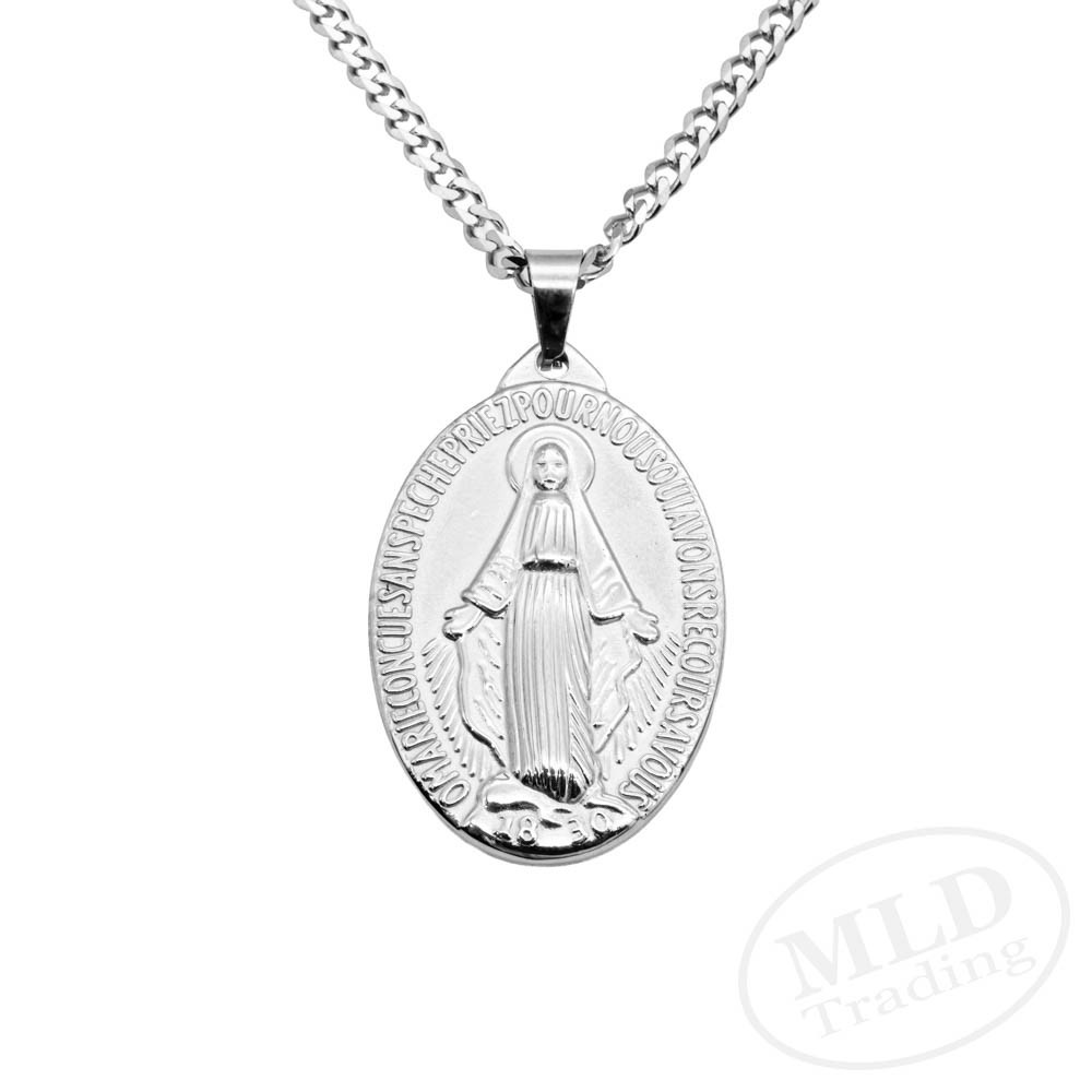 Stainless Steel St Mary Miraculous Medal Pendant Necklace – 1-3/4″, 24” Chain
