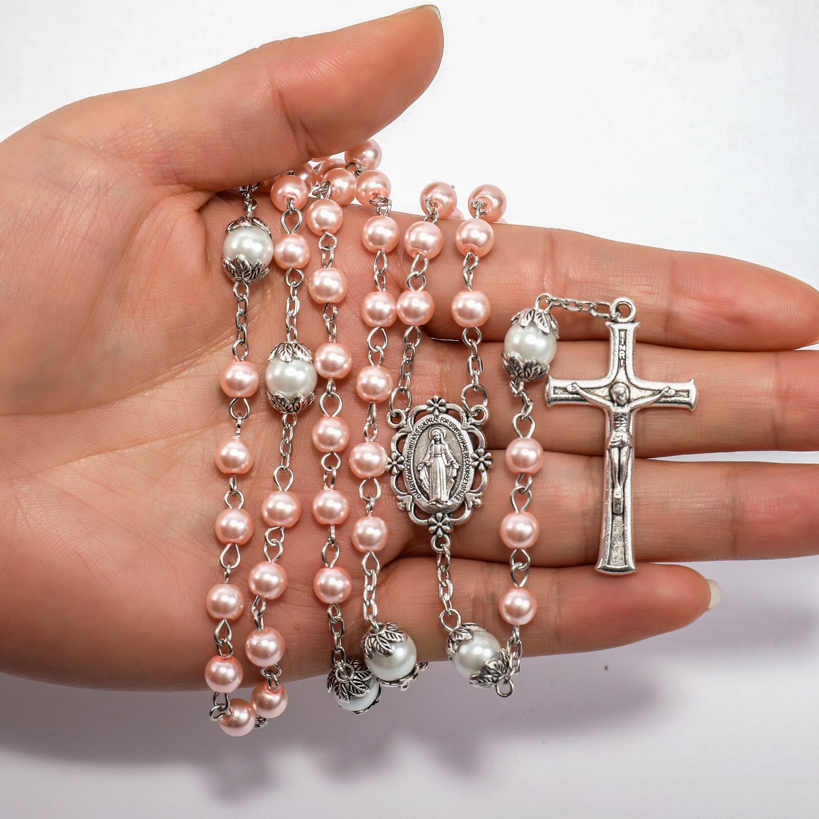 Pink Glass Pearl Beads Rosary White Our Father Beaded Necklace Lourdes Medal
