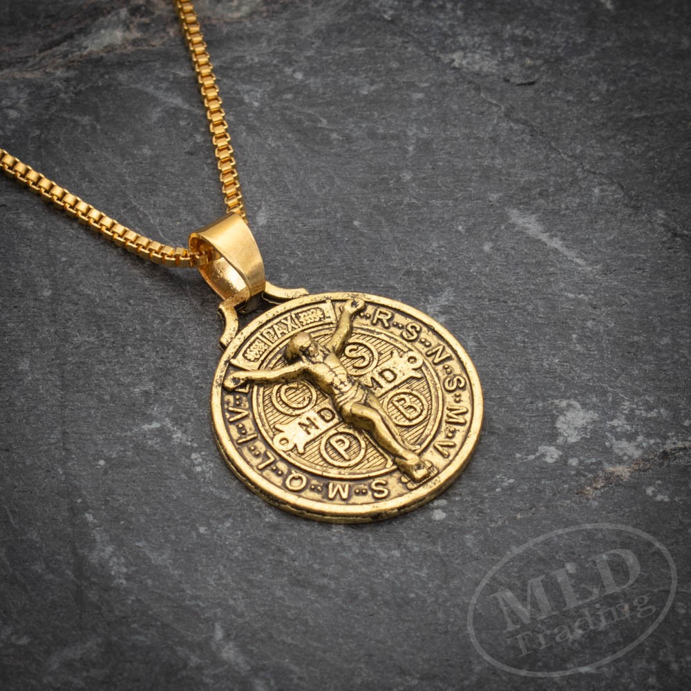Gold Jesus Crucifix Saint St Benedict Medal Cross Pendant Necklace 24″ Box Chain