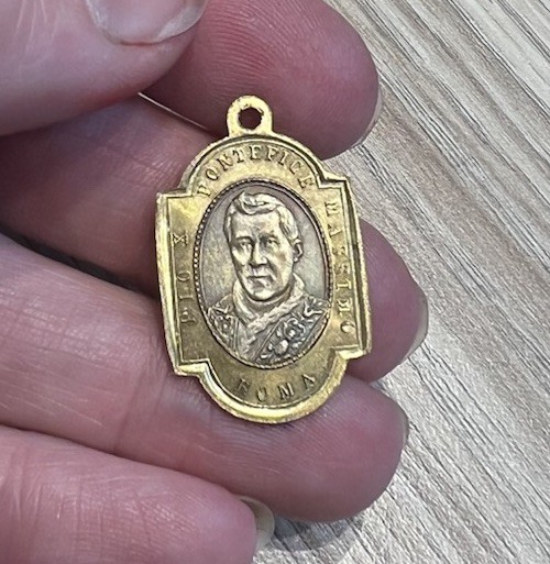 Antique Italian Medal Saint Pope Pius X Tenth Mary miraculous brass gold Pendant
