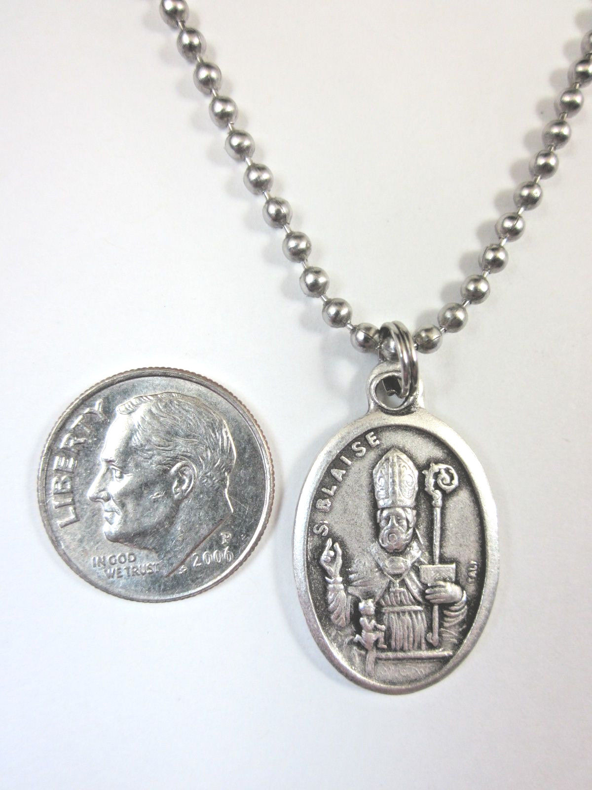 St Blaise Medal Italy Pendant Necklace 24″ Ball Chain Gift Box & Prayer Card
