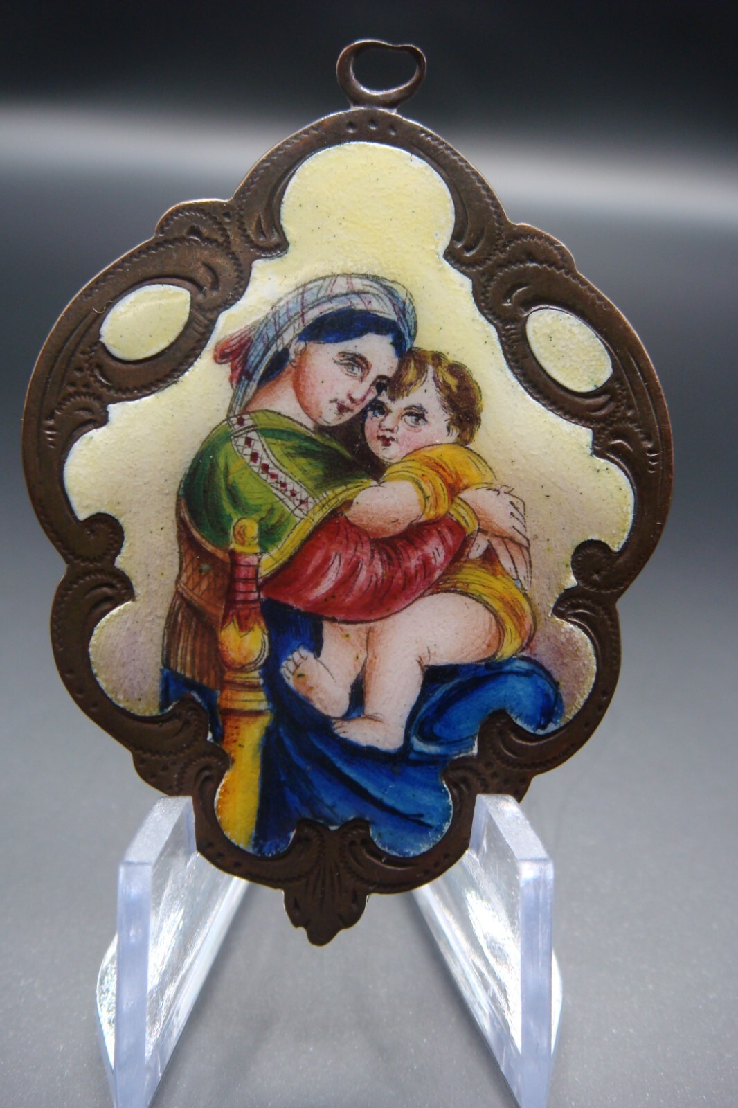 Rare Antique Virgin Mary Mater Dei Ora Pro Nobis Enamel Holy Icon Medal Pendant