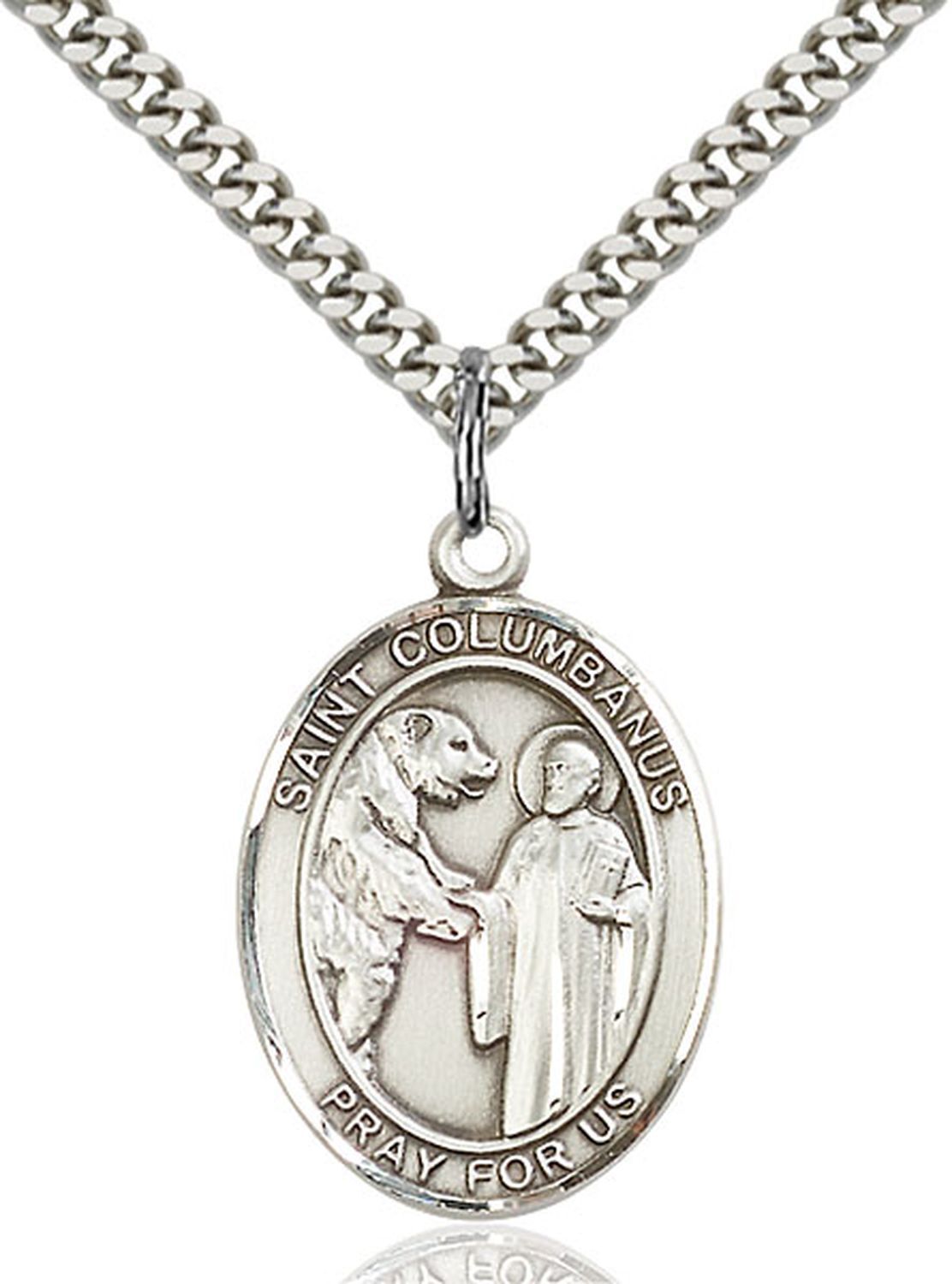 Sterling Silver St Saint Columbanus Medal Pendant Necklace 24” Chain