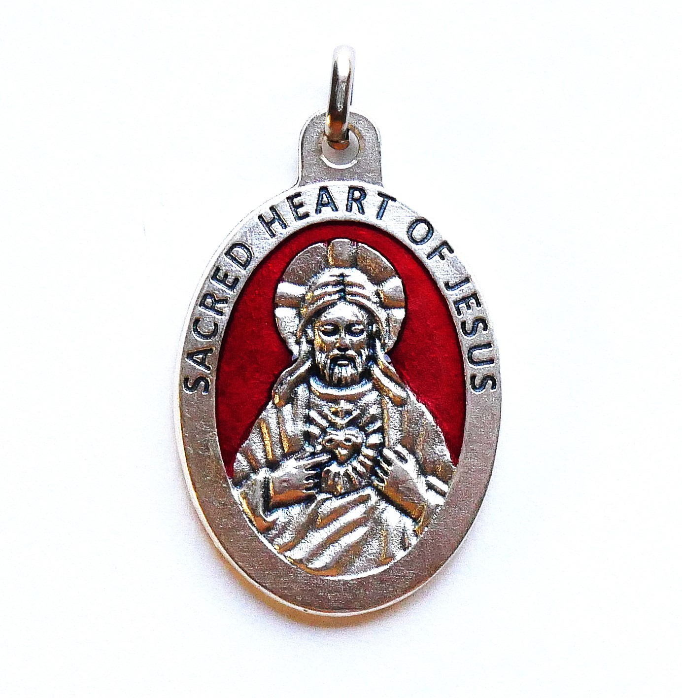 Sacred Heart of Jesus 7/8″ x 5/8″ Silver Tone / Red Medal +FREE Cord – (Italy) –