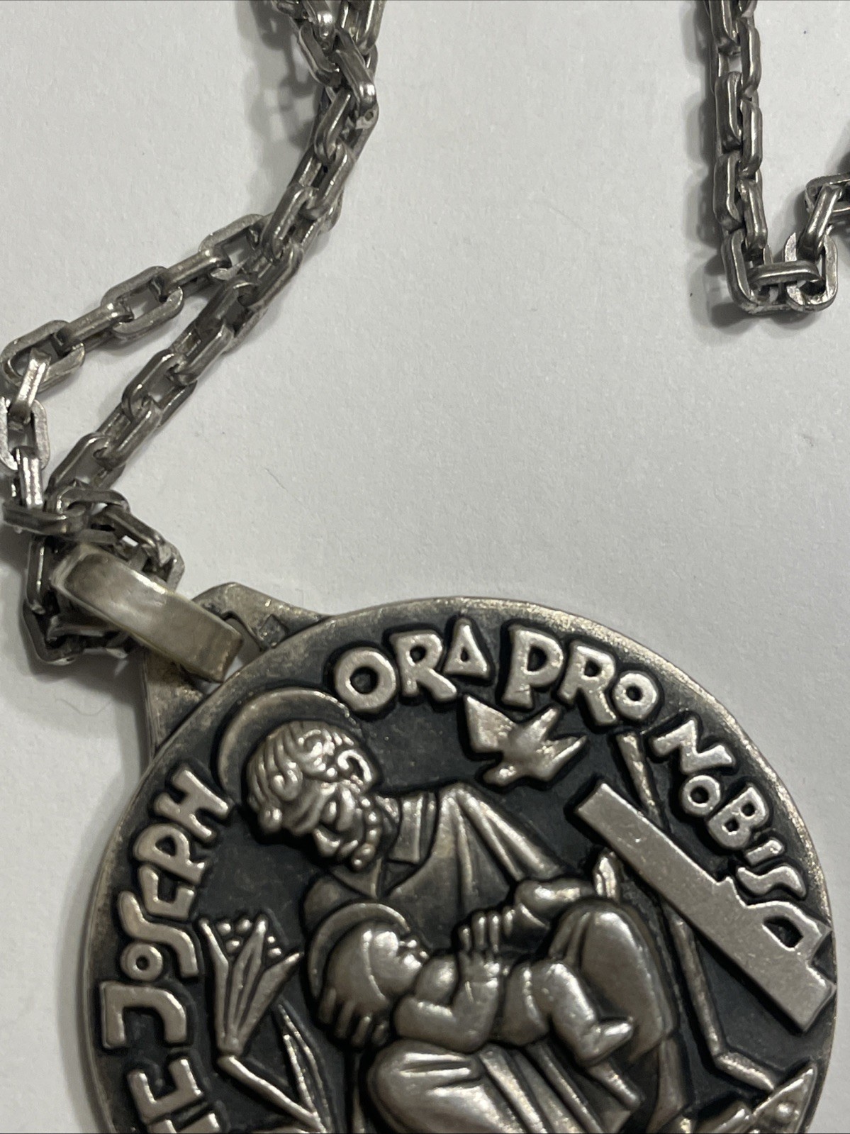 St Joseph Large Medal – Sterling Silver Antique Replica 24” Necklace Pendant