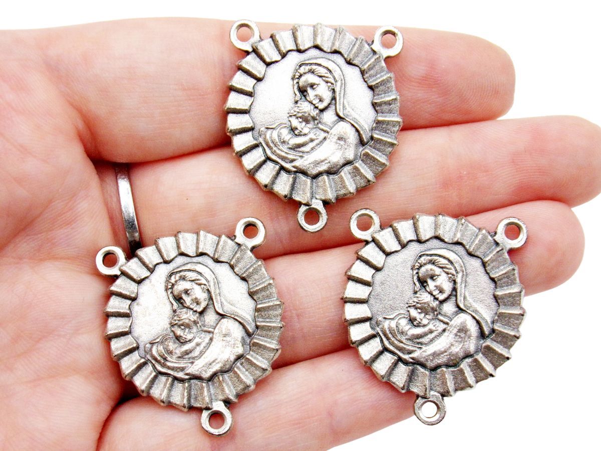 Silver Tone Lot of 3 Madonna and Child Ribbon Medal Rosary Centerpiece 1.25 In