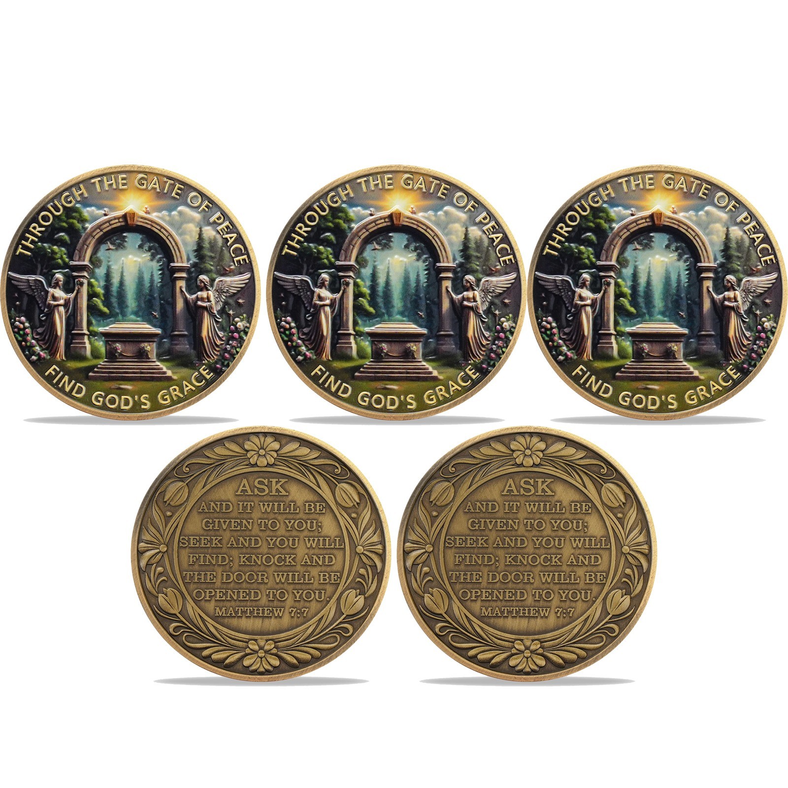 5Pc Christian Challenge Coin Find God’s Grace Matthew 7:7 Bible Verse Faith Coin