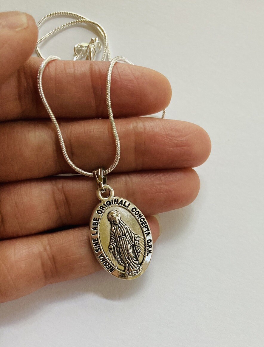 Miraculous Medal Pendant Necklace – 3/4″ Mini Oval, Silver Zinc Alloy, 18″ Chain