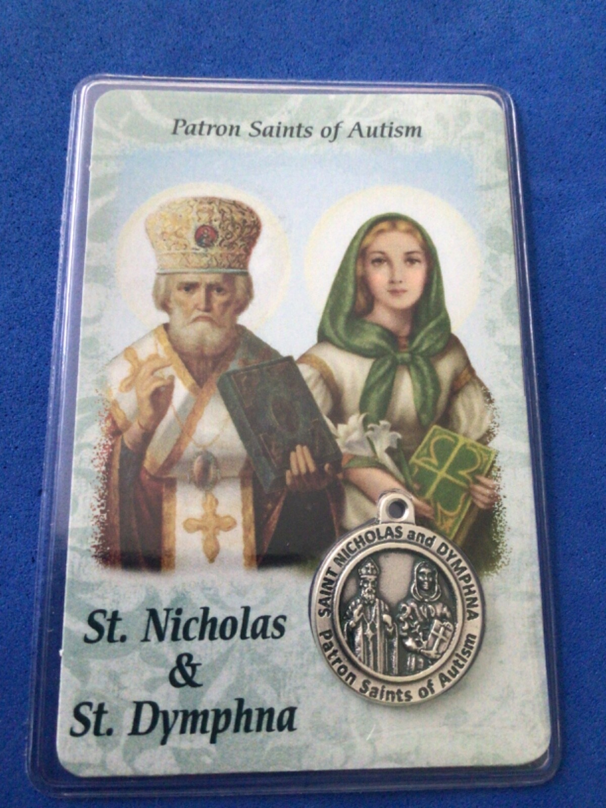 St Nicholas and St Dymphna Saint Medal Laminated Prayer Card AUTISM