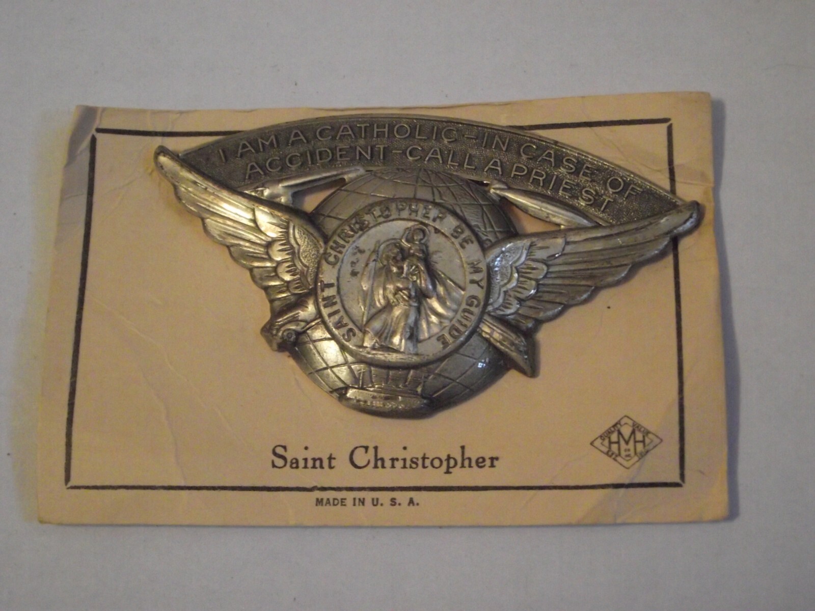 Vtg HMH USA Saint St Christopher be my guide patron of travel car visor pin clip