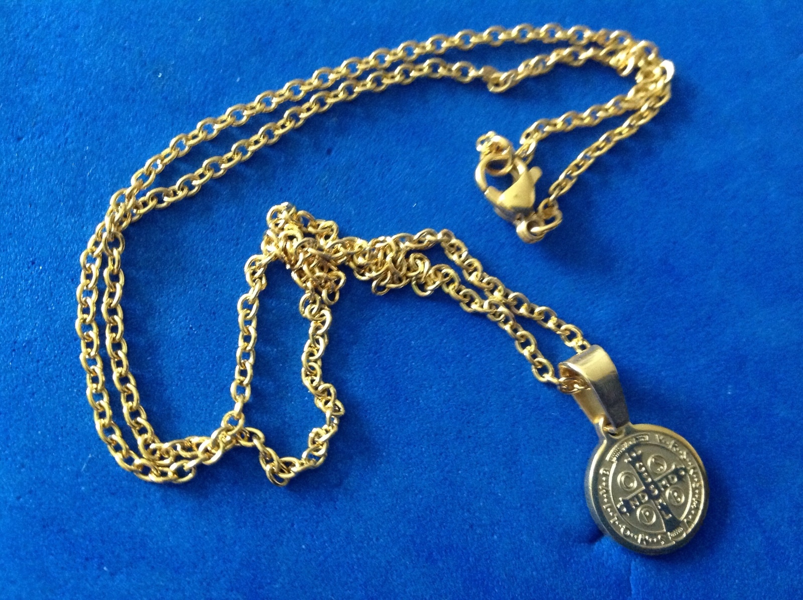 St BENEDICT NECKLACE Pendant Protection Saint Medal Gold Plt Stainless Steel 23”