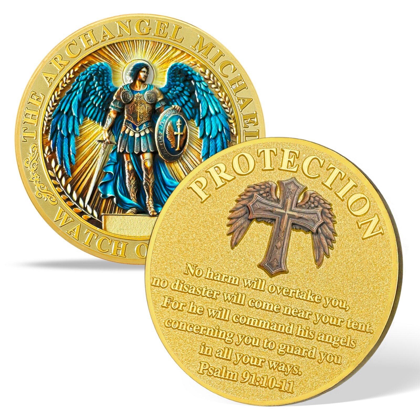 10pcs St Michael Archangel Prayer Coin Shield of Faith Psalm 91:10-11 Verse Coin
