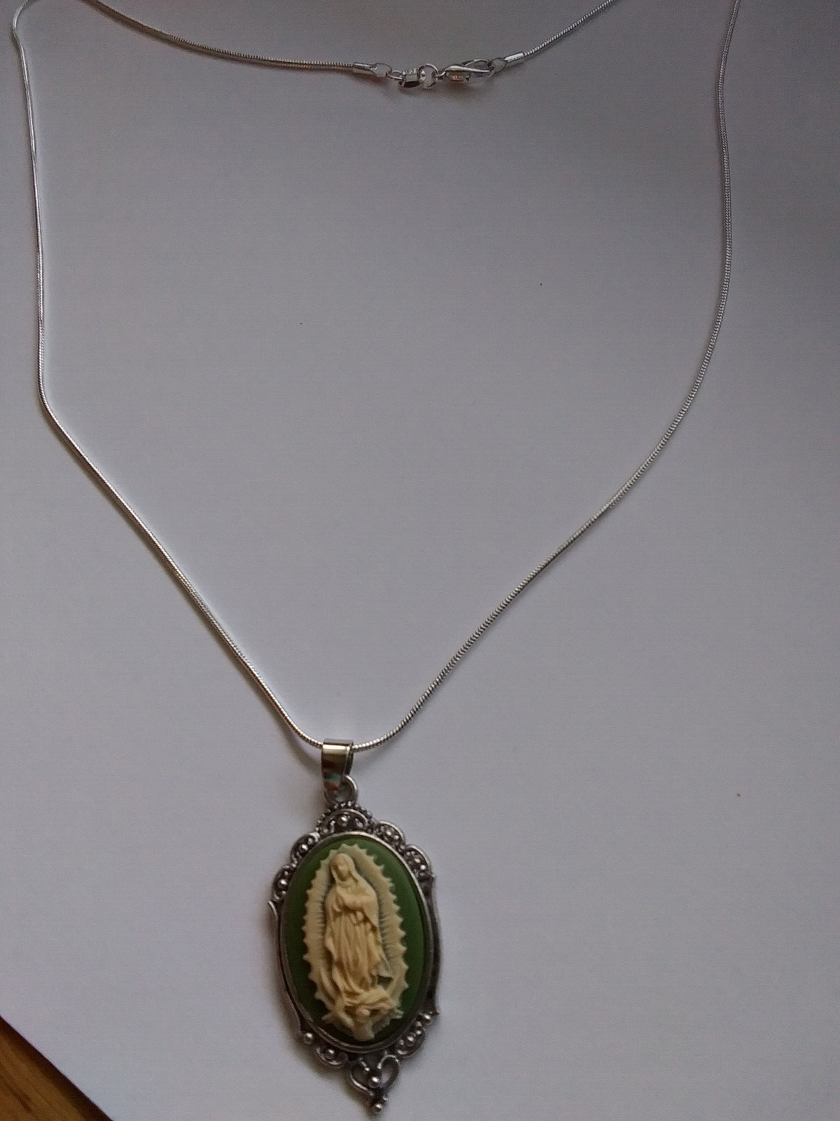 Our Lady of Guadalupe Medal Green Cameo necklace 925 sterling silver chain