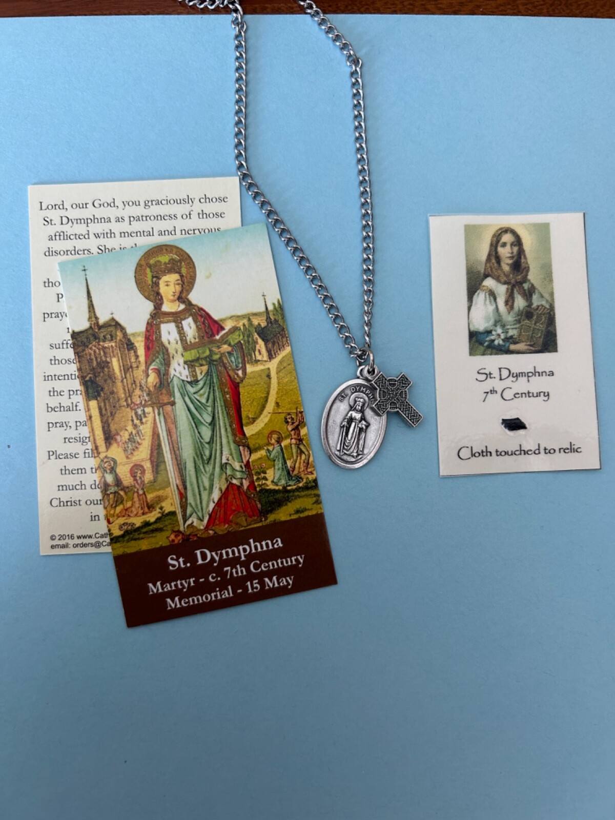 St Dymphna Irish Catholic Holy card relic reliquary medal Saint mental health
