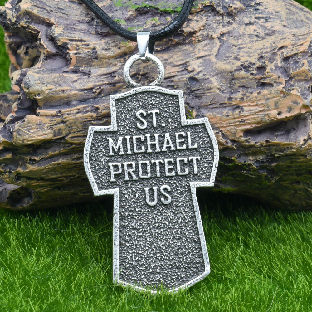 Archangel Patron Saint St Michael Textured 3D Cross Shield Pendant Necklace