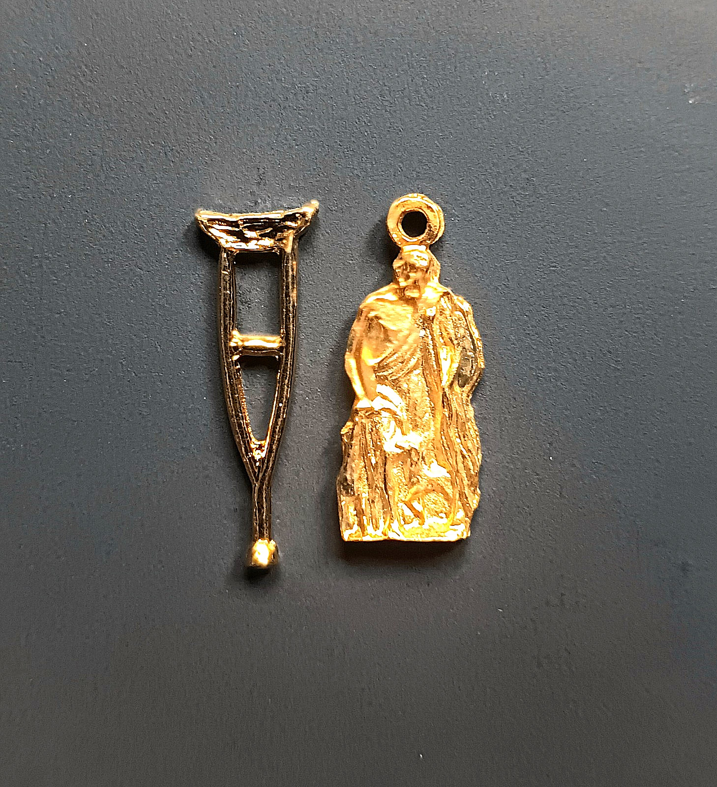 Saint Lazarus A Crutch & A Medal Charm 14K Gold Plated Religious Catholic