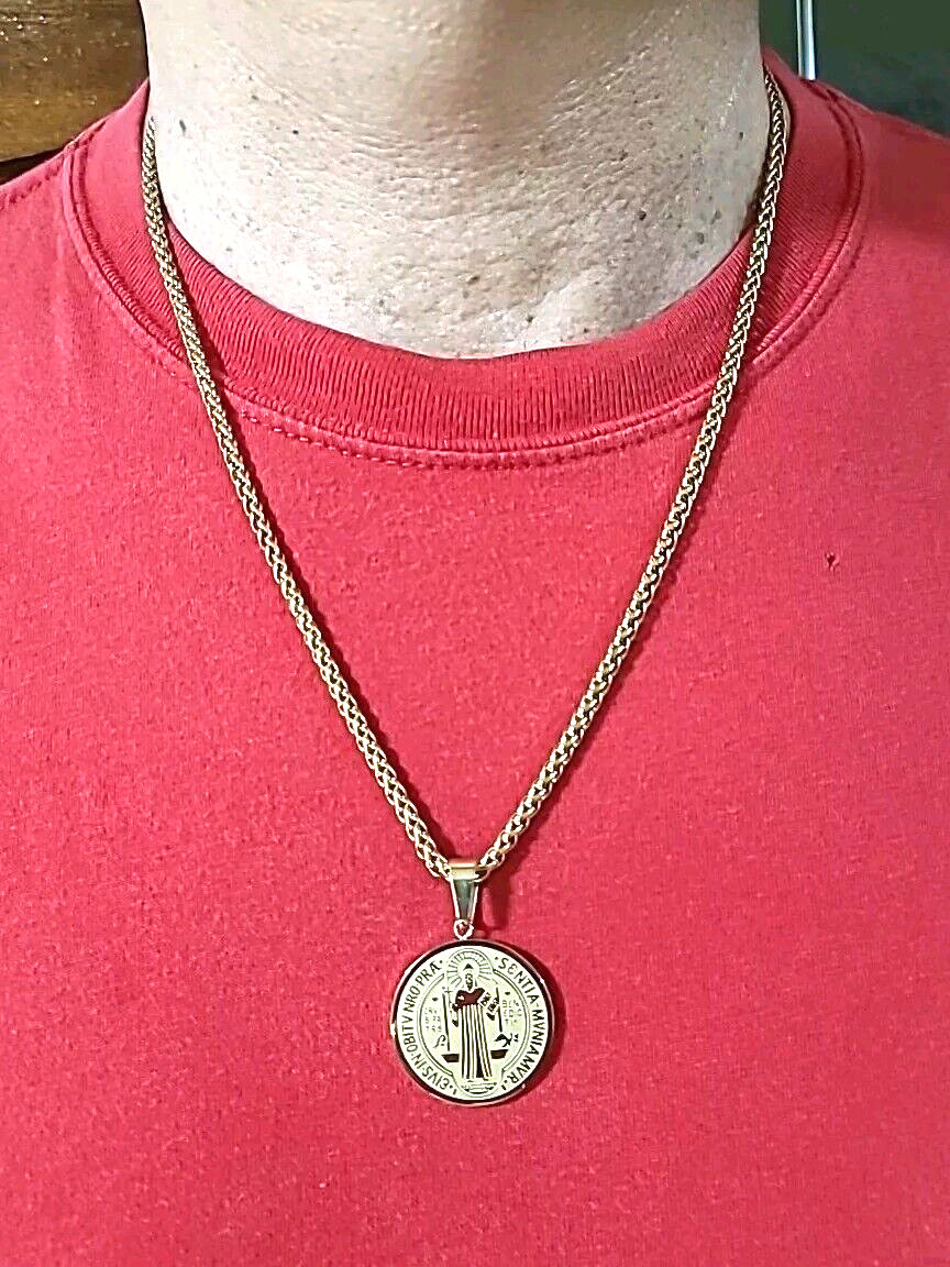 St Benedict (S. Benito) Medal Stainless Steel Charm Pendant Necklace Gold Color