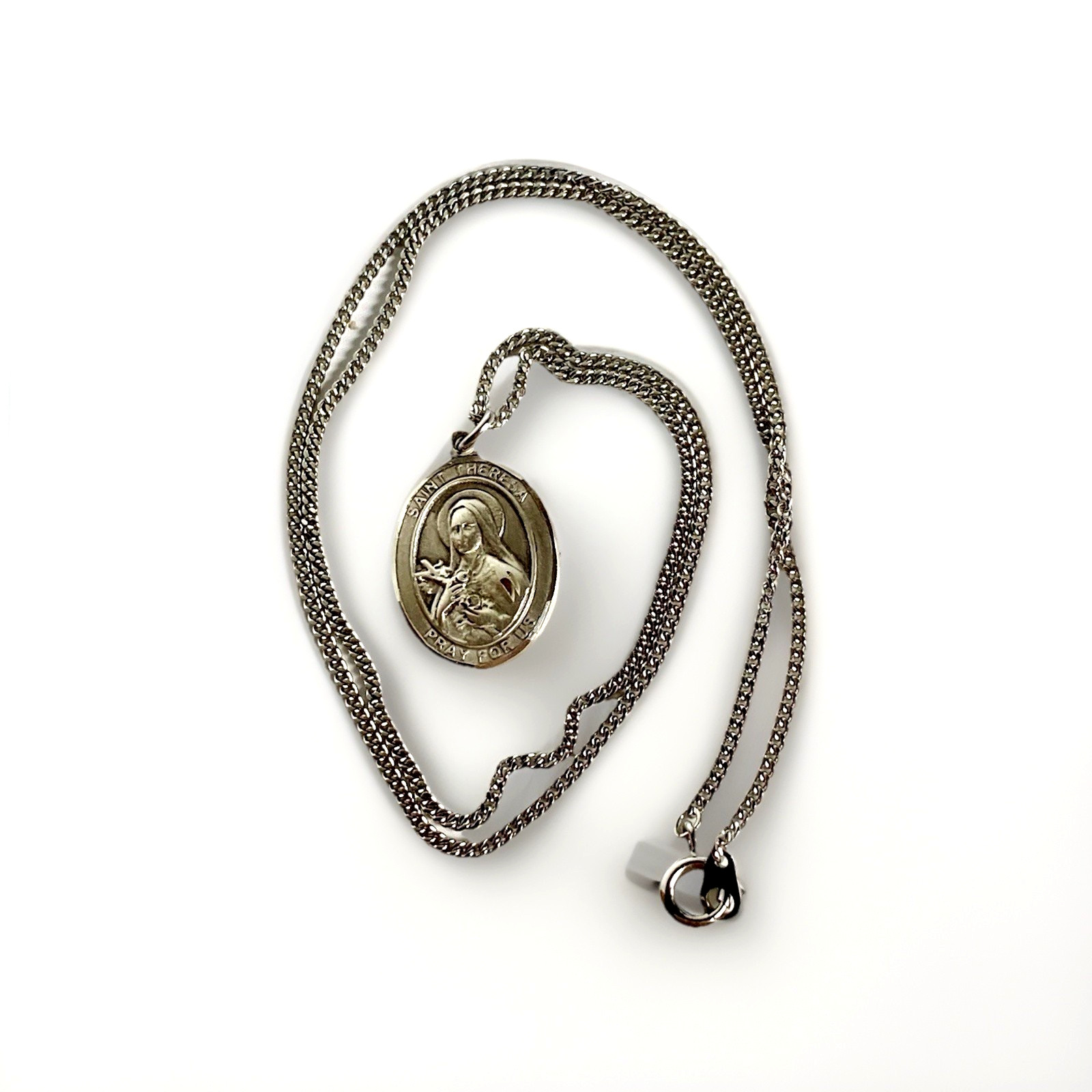 Vintage Sterling Silver Saint Theresa Medal/Pendant and Necklace, 18″ Long