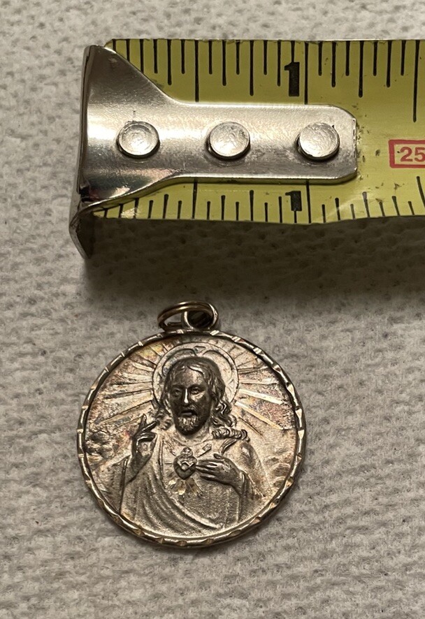 HMH Religious 925 Sterling Silver Vintage Jesus And Mary Sacred Heart Pendant