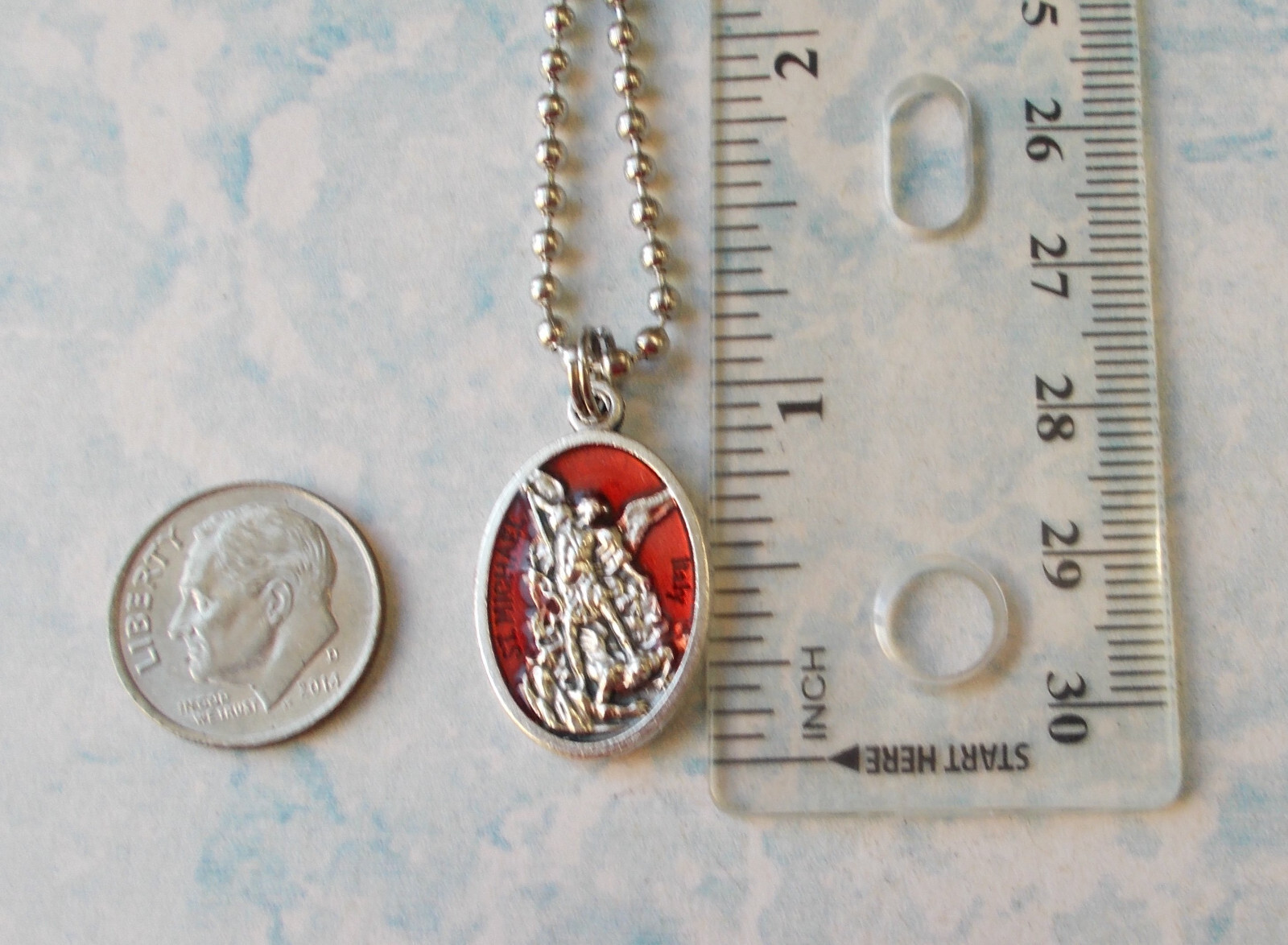 St Michael Archangel /Guardian Angel Medal w/ Red Enamel Necklace 24″ Ball Chain