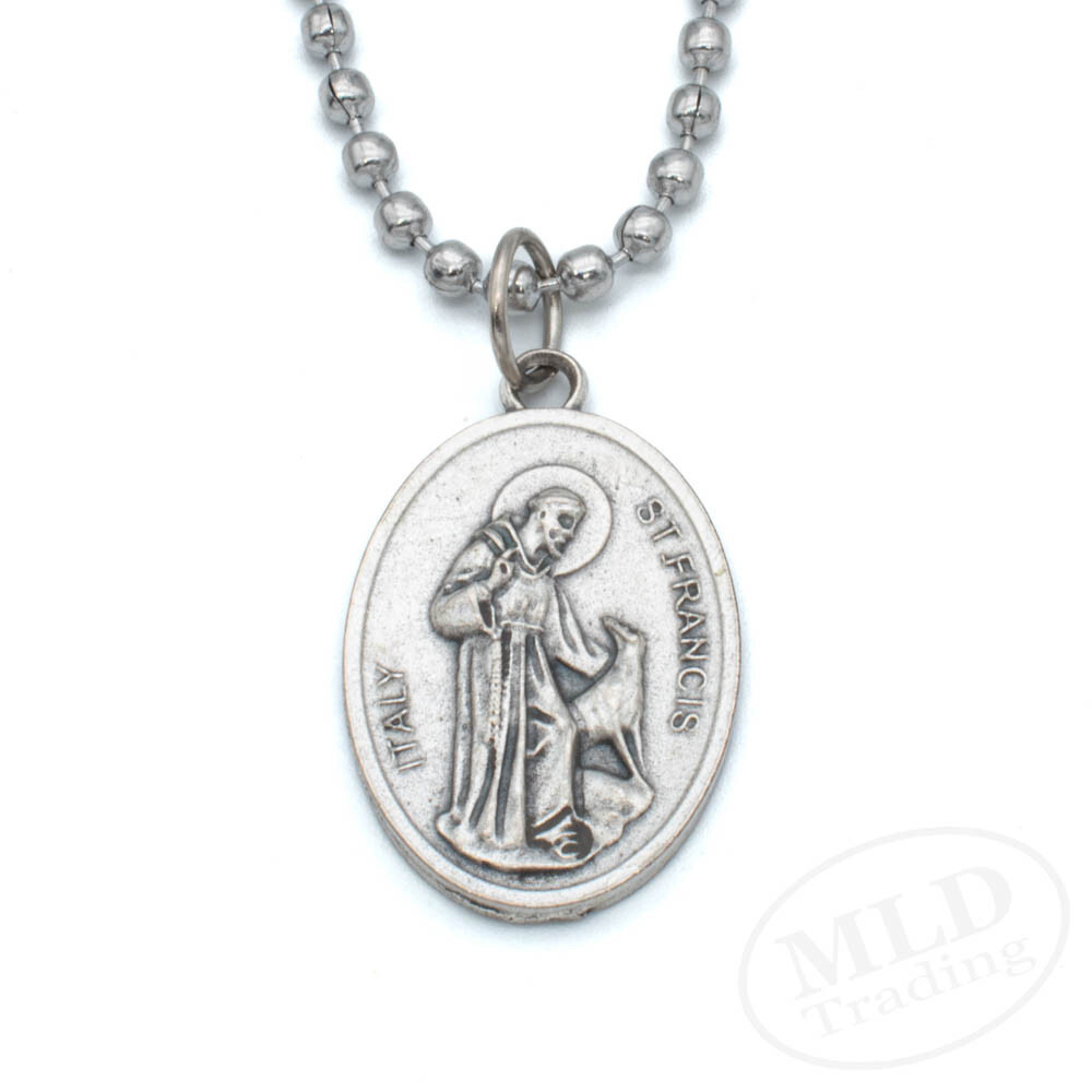 Italian Made Oval Saint Francis Medal Necklace – Zinc Alloy, Silver, 24″ Chain