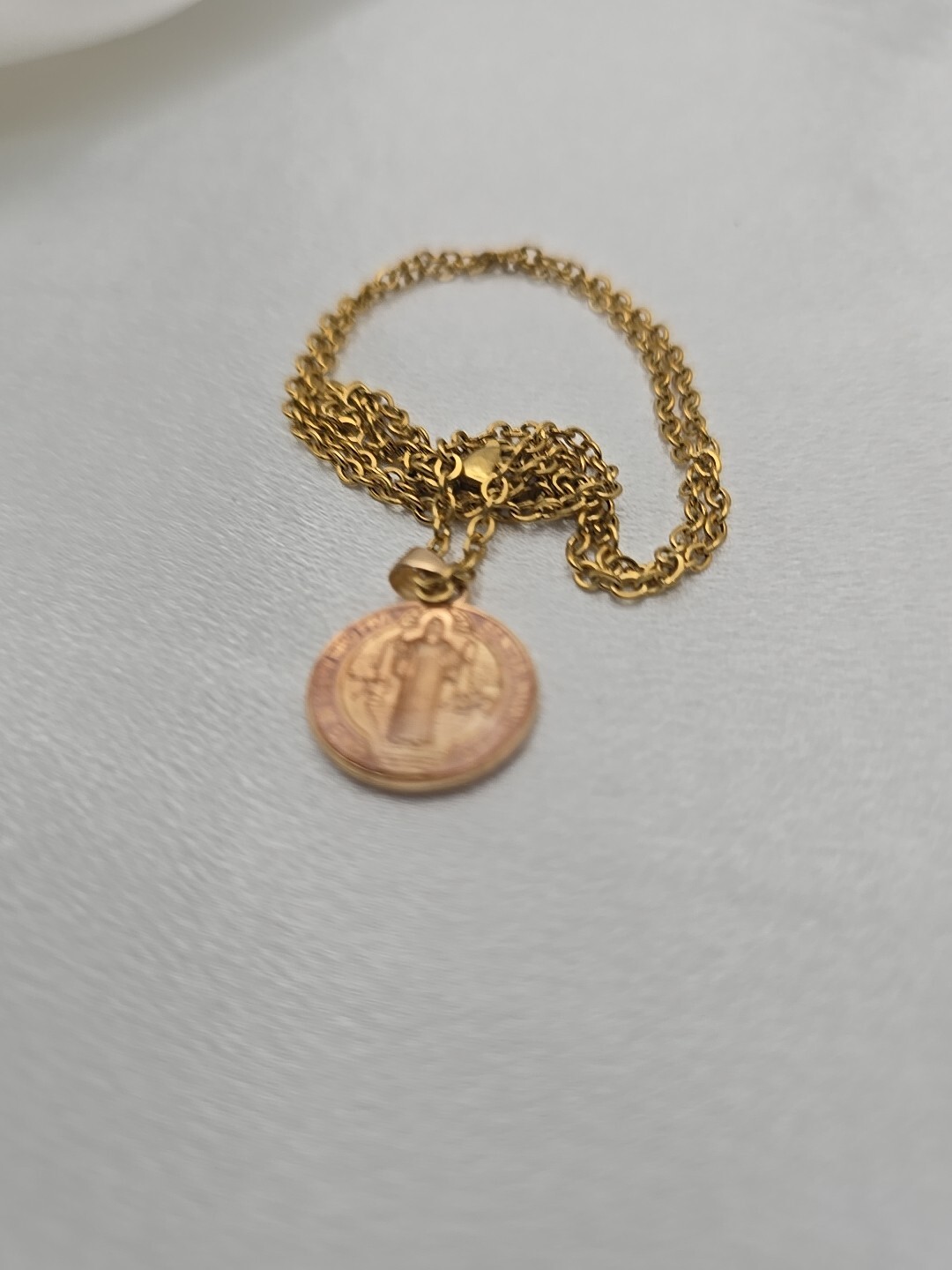 Pink Saint Benedict Medal Necklace 20″ Gold Plated Stainless Steel Catholic Gift