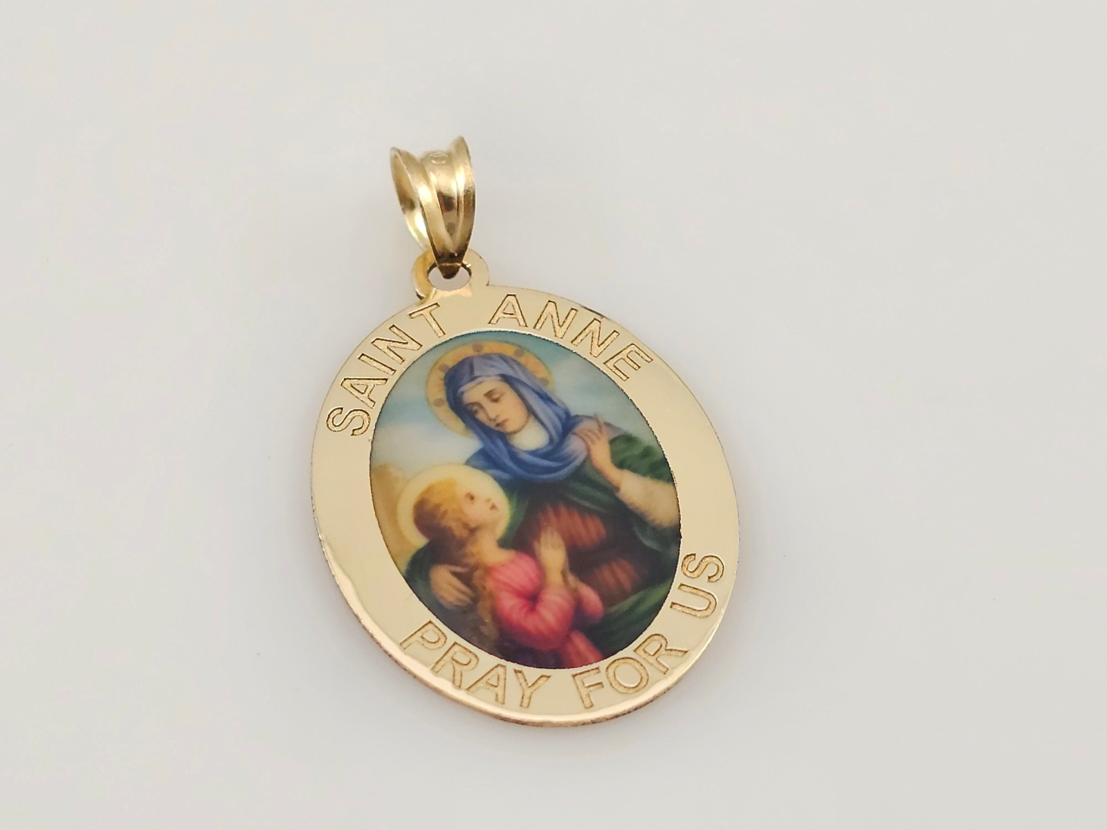 14K Yellow Gold St Anne Pray For Us Pendant Oval Engraved 1.8g Catholic Medal