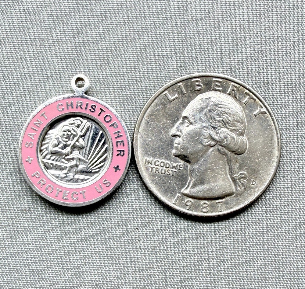 Vintage St Christopher Surfer Medal Pendant Pink Enamel Surf Silvertone 3/4″