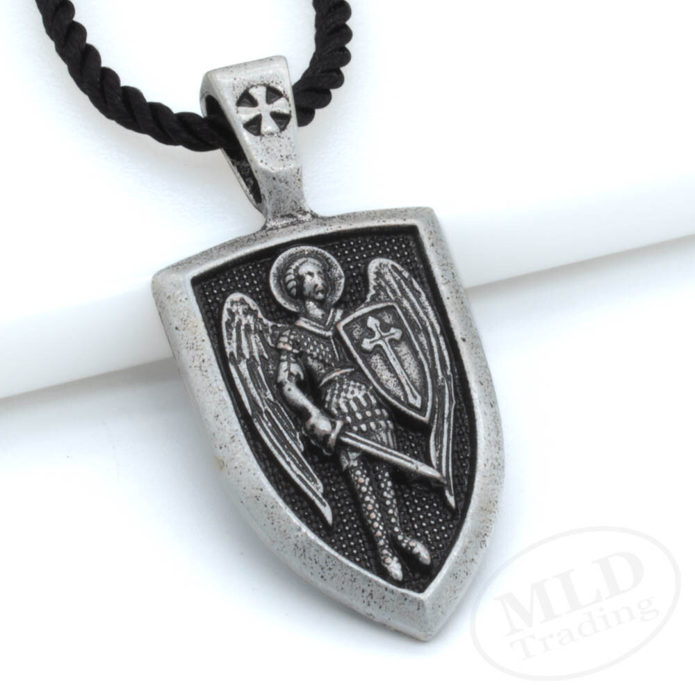 Saint St Michael Shield Medal Pendant Necklace, Antiqued Silver Zinc Alloy