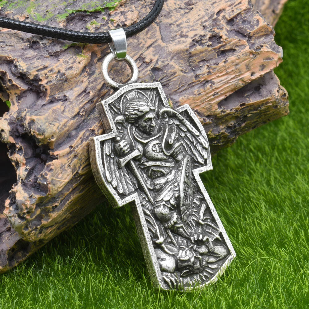 Archangel Patron Saint St Michael Textured 3D Cross Shield Pendant Necklace