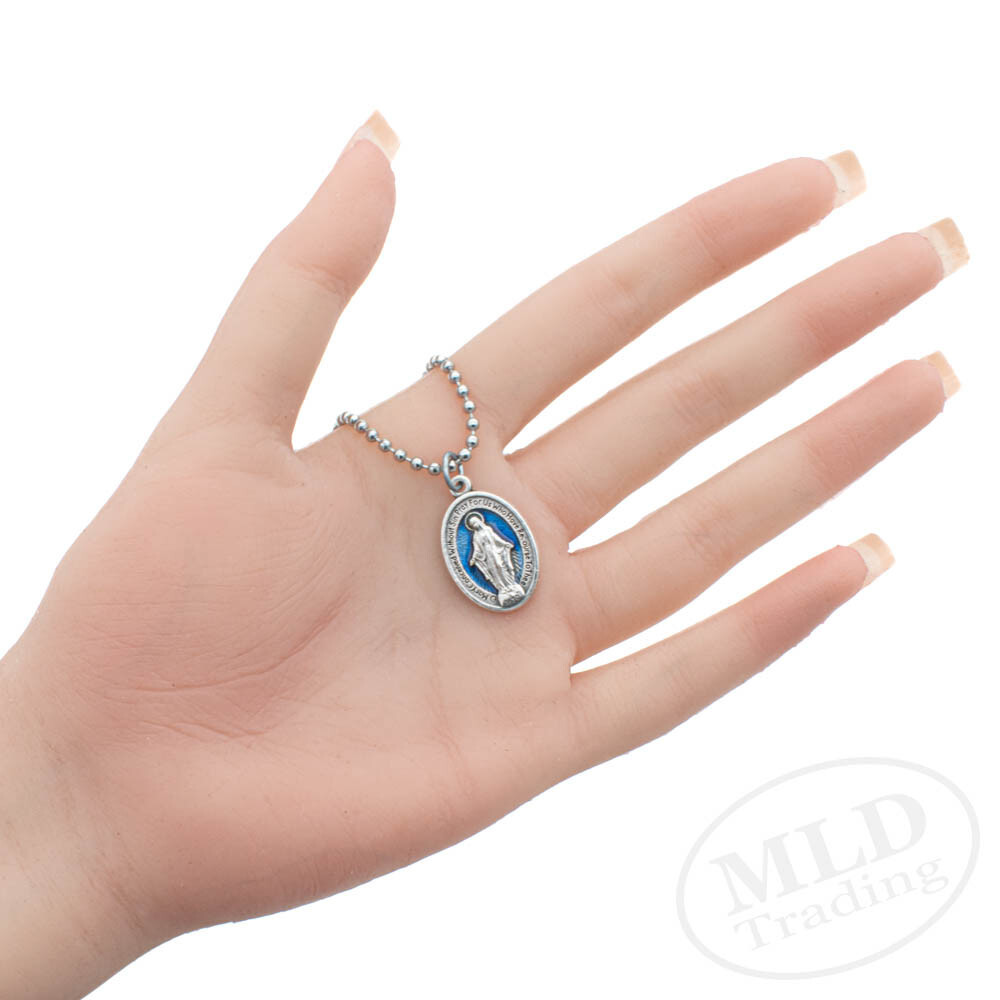 Blue Miraculous Medal Virgin Mary 1″ Pendant Necklace Italy w 24″ Ball Chain