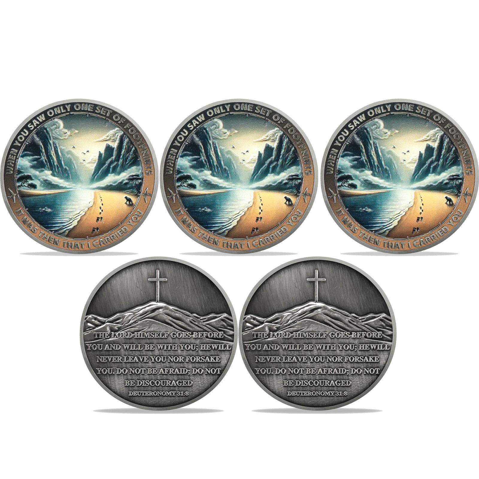 5pcs Christian Challenge Coin Footprints In The Sand Deuteronomy 31:8 Verse Coin