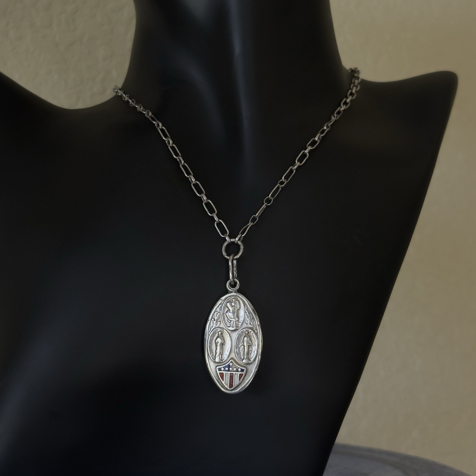 VINTAGE 1940’S ENAMEL – STERLING SLIDING ST. CHRISTOPHER – ST. JUDE MEDAL-CHAIN