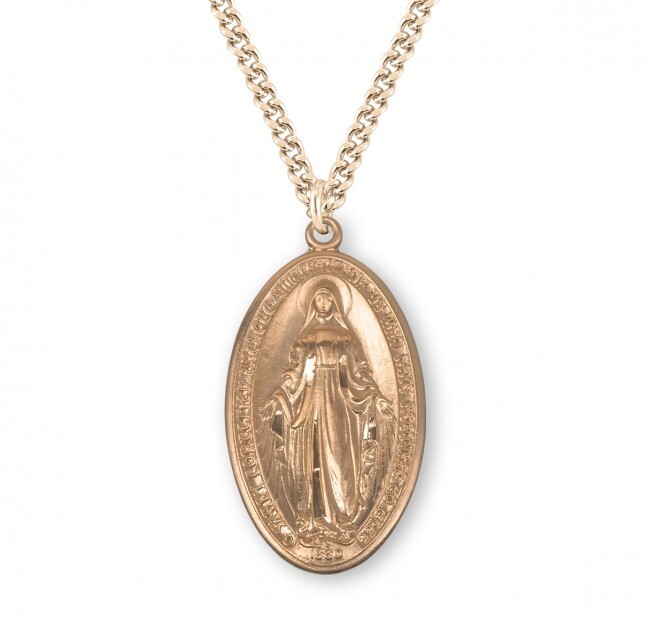 Large 16kt Plated Sterling Silver Miraculous Mary Pendant Medal Necklace Chain